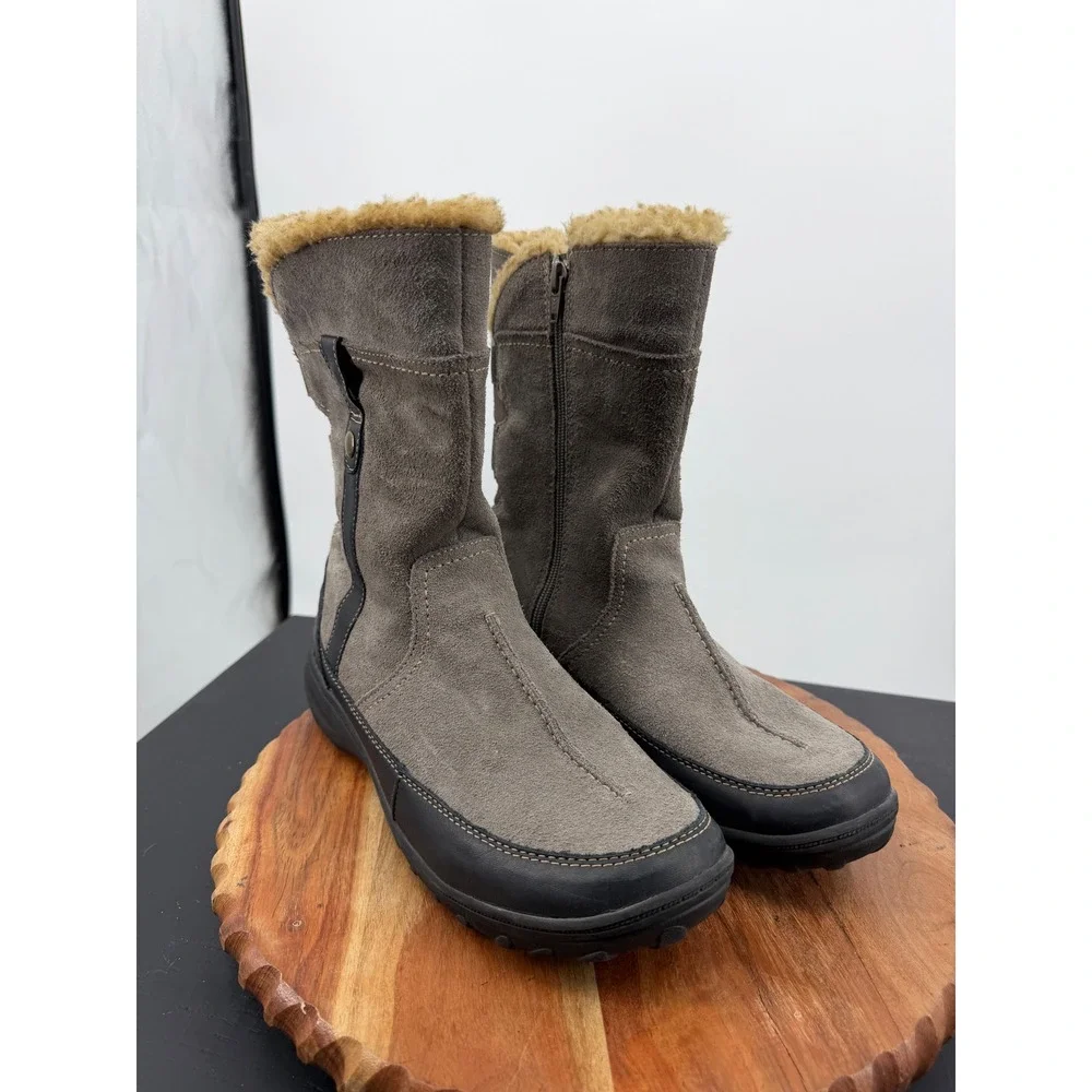 Clarks Suede Faux Fur Trim Winter Boots Women 9.5W Gray Leather Mid-Calf 63061
